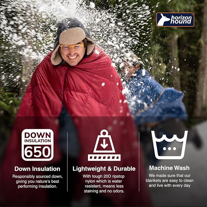 Horizon Hound Down Camping Blanket - Outdoor Travel Quilt | Sustainable, Insulated, Lightweight & Warm Gear for Sleep, Camping, Stadium, Hiking & Festivals | Water Resistant, Packable & Compact