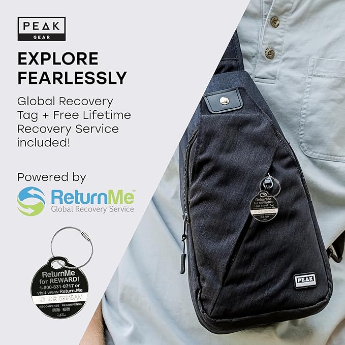 Peak Gear Travel Sling Bag. Compact Crossbody Bag | Lighter and Smaller than a Backpack | Lifetime Lost & Found ID Tag