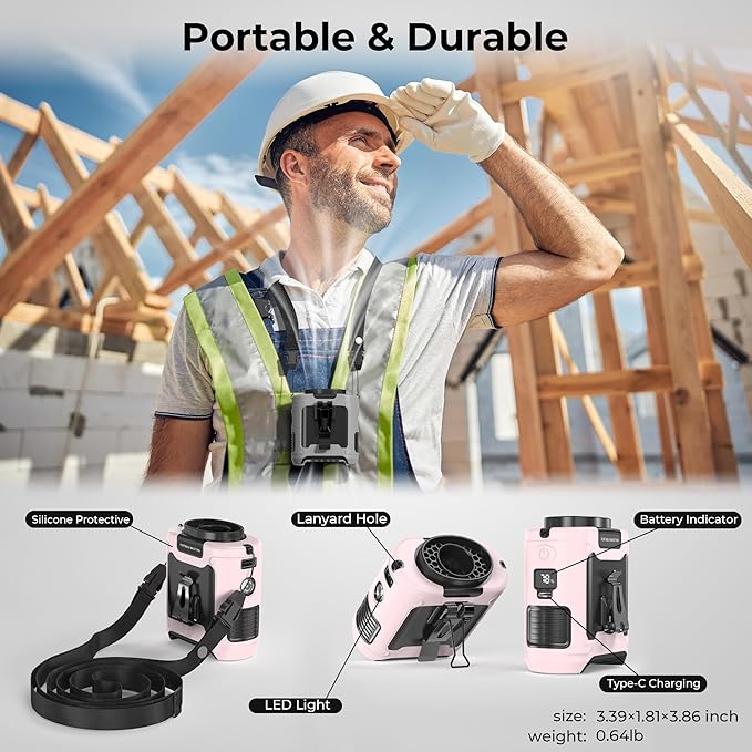10000mAh Portable Waist Clip Fan,40H Cooling Personal Wearable Fan,5 Speeds 16000RPM Strong Belt Fan,Rechargeable Hands-free Neck Fan With Flashlight for Outdoor Jobsite Camping Traveling (Pink)