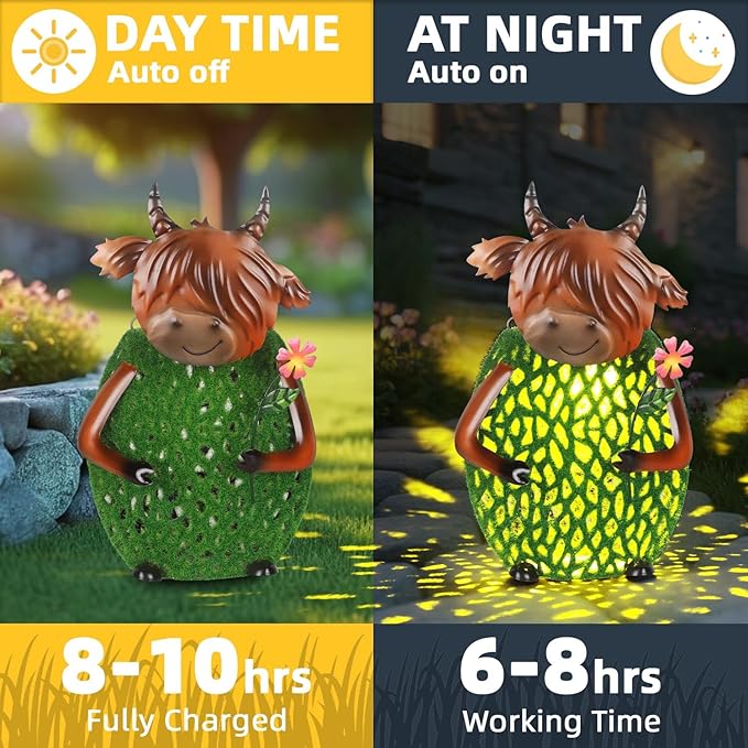 Solar Garden Decor with LED Lights and Hook for Outside Hanging Rural Highland Cattle Solar Lanterns Outdoor Waterproof Hanging