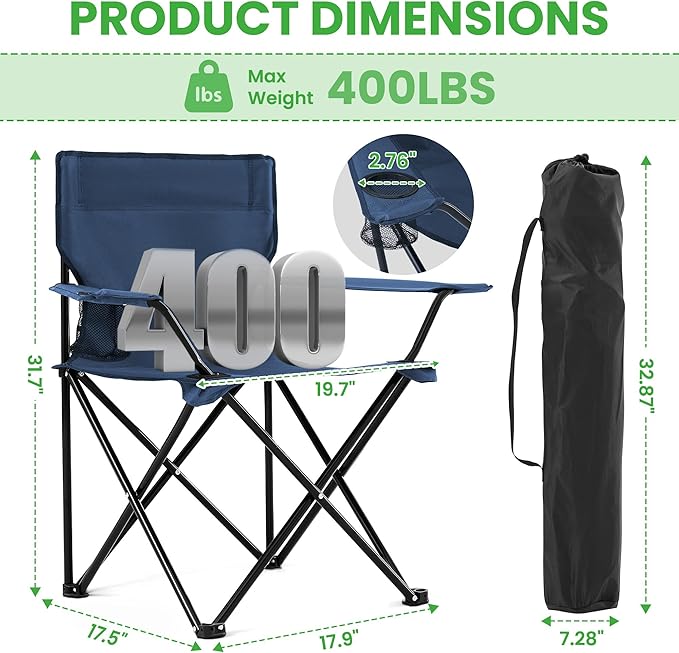 2 Pack Portable Camping Chairs Folding Lawn Chair Outdoor Lightweight Beach Chair with Cup Holder & Carry Bag for Outside Sports, Fishing, Hiking, Travel, Picnic, Backyard (Navy)