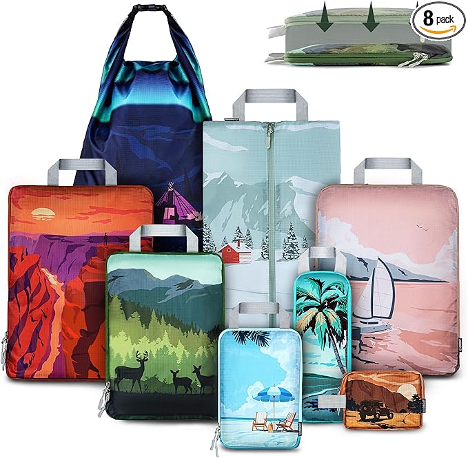 Set of 8 compression packing cubes for travel accessories- Expandable bags for clothing, toiletry, backpacks, organizing essentials (Holiday)