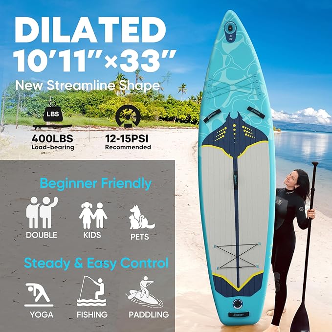 Inflatable Paddle Board,Stand Up Paddle Board Set, Extra Wide SUP Board with Removable Fin, Floating Paddle, Hand Pump, Waterproof Phone Pouch,Traveling Board