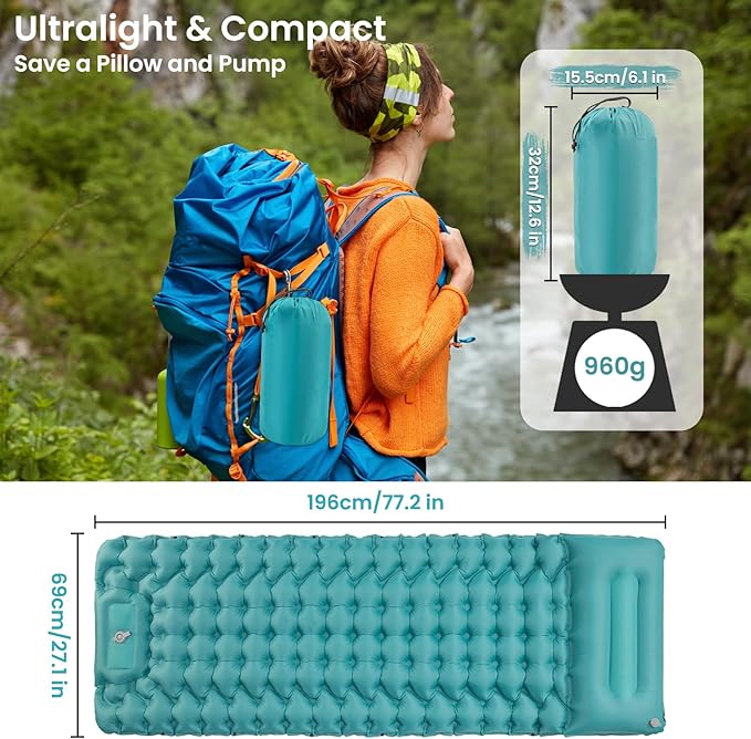 Inflating Sleeping Pad Mattress for Camping: Inflatable Camping Bed with Built-in Foot Pump for Tent - 4" Extra Thick Mat Air Cot for Floor - Blue