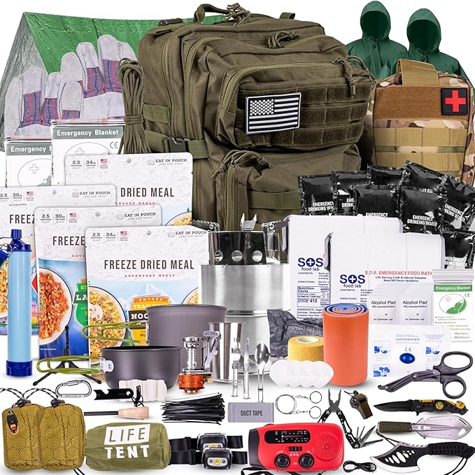 72-Hour Survival Kit | Emergency Bug Out Bag with First Aid, Water Filter, Food, Tools | 45L Tactical Backpack for Camping, Hiking, Outdoor Emergency Preparedness