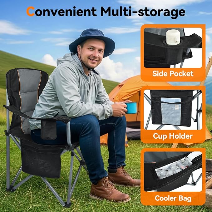 Camping Chairs for Adults Heavy Duty, Oversized Fully Padded Folding Chairs for Outside with Cup Holder, Cooler Bag and Side Pocket, Support 400 Lbs, Versatile for Sports,Outdoors & Lawns