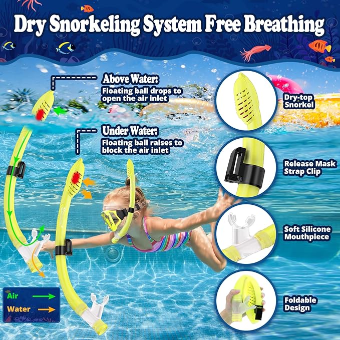 U PHITNIS Kids Snorkel Set for Age 4-14 - Dry Top Snorkeling Gear for Kids Junior & Youth - Childs Diving Mask with Big Eyes for Boys Girls - Anti-Fog Snorkeling Mask and Snorkel Set