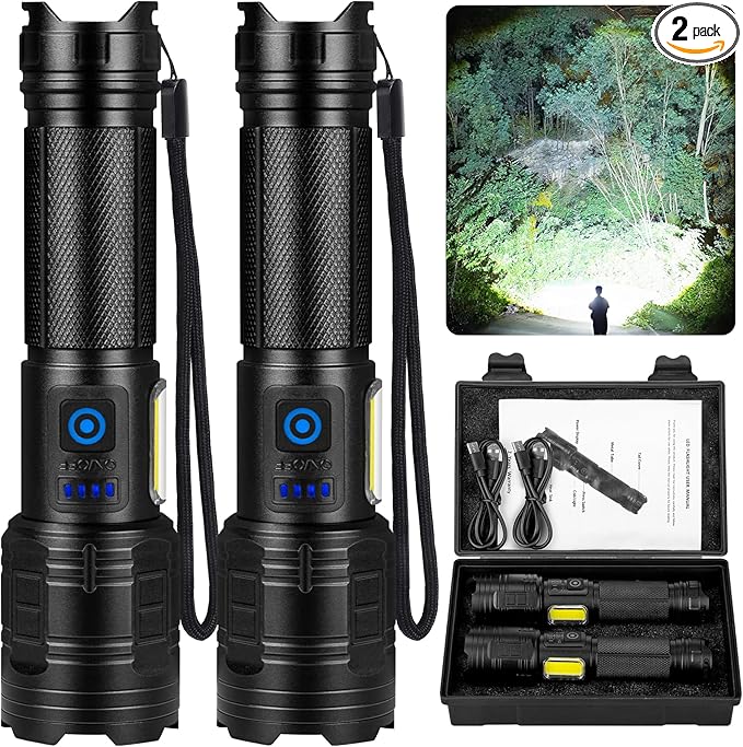 Rechargeable Flashlights 90,000 High Lumens - 2 Pack, Super Bright Flash Light with 7 Lighting Modes, 24H Long Life Powerful Flashlight with Side Light, IPX7 Waterproof Flashlight for Camping Home
