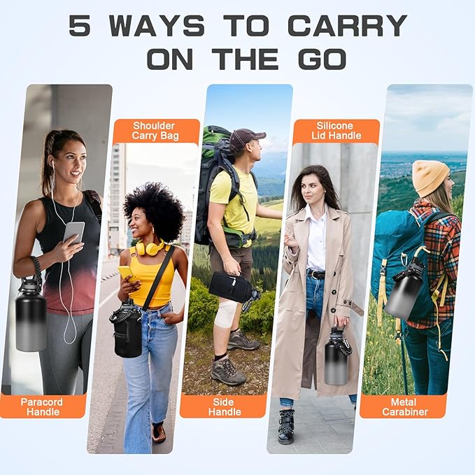 Insulated Water Bottle 64 oz, Half Gallon Water Jug Cold 48H, BPA Free Stainless Steel Bottles with Straw/Chug 2-in-1 Lid, Bag, Paracord Handle, Silicone Boot, Sports Gym School Metal Flask