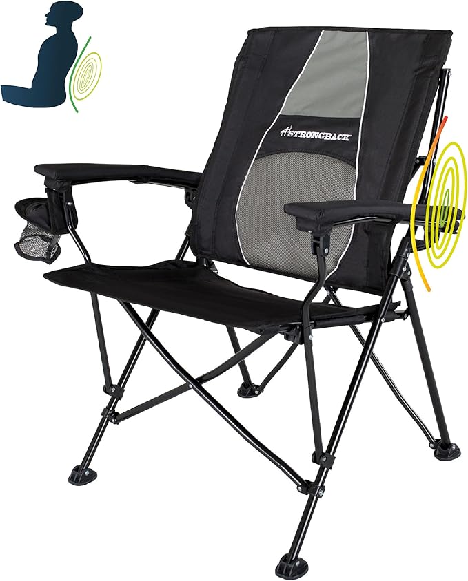 STRONGBACK Elite Folding Camping Lawn Lounge Chair Heavy Duty Camp Outdoor Seat with Lumbar Support and Portable Carry Bag - Black/Grey