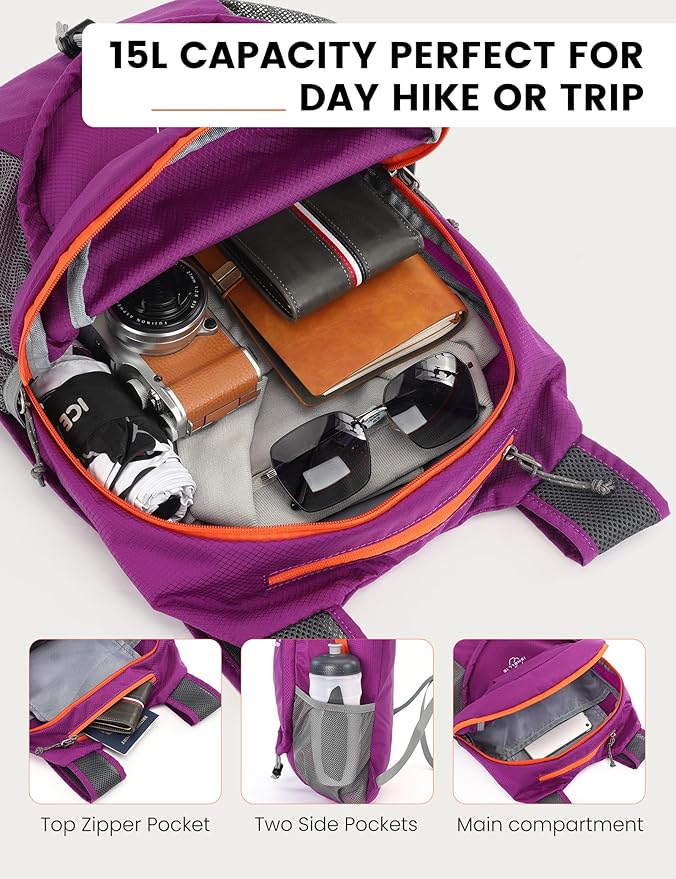 SKYSPER 15L Lightweight Small Hiking Backpack for Women Men, Foldable Travel Daypack, Packable Camping Backpack Mini Outdoor Hiking Bag (Purple)