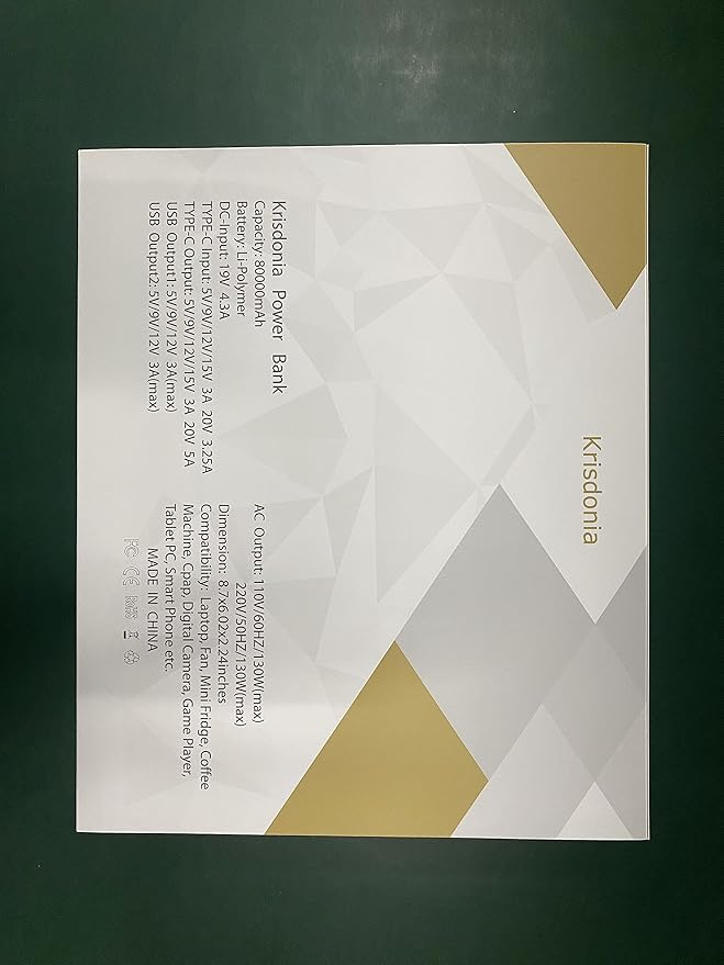 Krisdonia Power Bank with AC Outlet, Portable Laptop Charger Battery Bank USB C 100W Fast Charging, 80000mAh/296Wh Power Station External Battery Pack 130W/110V for Outdoor Camping Home Office