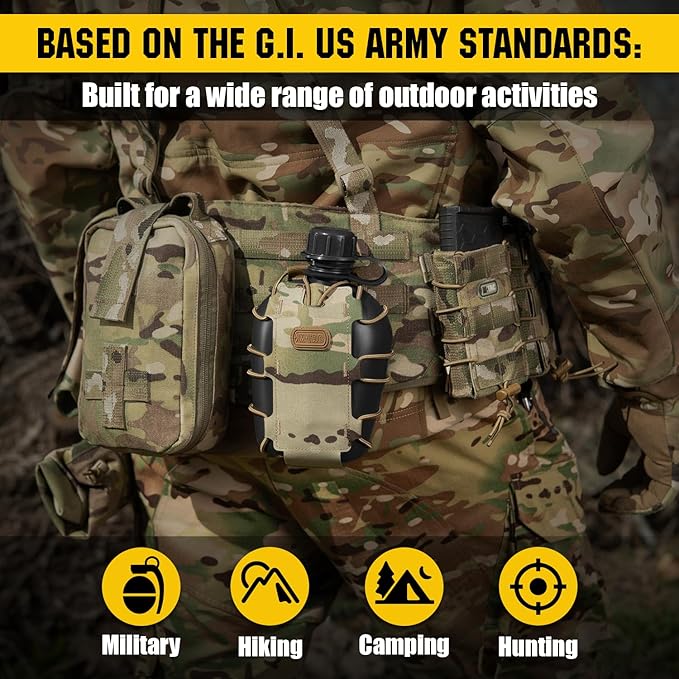 M-Tac Canteen Water Bottle - 1 Quart Water Canteen (34 Oz/1L) - Tactical Water Bottle for Military Hiking Camping Survival (Black)