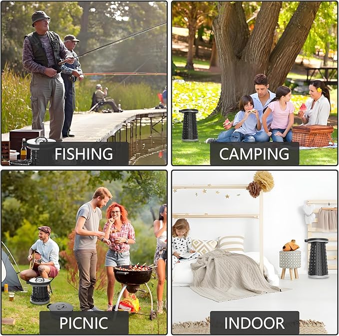 Upgraded Collapsible Stool with Max Load Capacity 330lbs Portable Telescoping & Folding Design Retractable Seat for Camping, Gardening, Fishing & Outdoor Adventures (Grey)