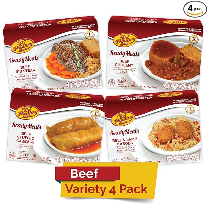 KJ Poultry Kosher Ready Meals - Beef Variety (4 Pack) Prepared Entree Fully Cooked, Shelf Stable Microwave Dinner Travel, Military, Camping, Emergency Survival Protein Food Supply Kit