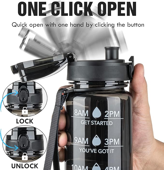 OLDLEY Water Bottle 32oz, Durable and Leakproof Water Bottles Motivational with Time Marker, Tritan, BPA Free, Wide Mouth, Gym, Travel, Home, School, Office, Clear Black (1 Bottle)