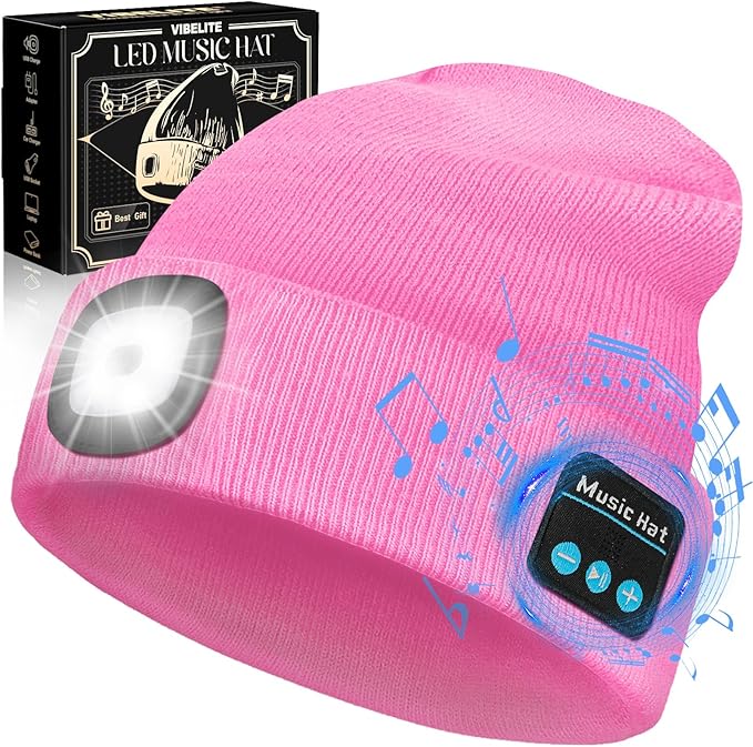 Bluetooth Beanie Hat with Light, USB Rechargeable LED Headlamp with Wireless Headphones, Gifts for Men, Him, Husband, Boyfriend, Dad Gifts for Dad, Husband, Father, Pink