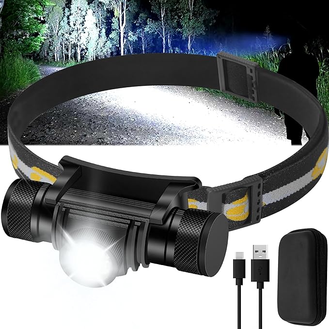 Headlamp Rechargeable, 1200 Lumen Zoomable LED Head Lamp for Adults, IP66 Waterproof Rechargeable Headlight with 9 Modes, Super Bright Head Flashlight with 2600 mAh for Outdoor Camping Hiking Running