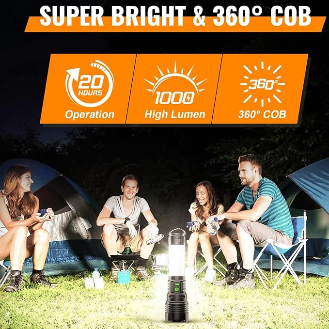 Hoxida Camping Lanterns Flashlight Rechargeable High Lumens- 2000 Meters Long Beam Super Bright LED Flashlight, Waterproof Camping Tent Lights 5 Modes, Zoomable Handheld Flashlight Lantern 4pcs