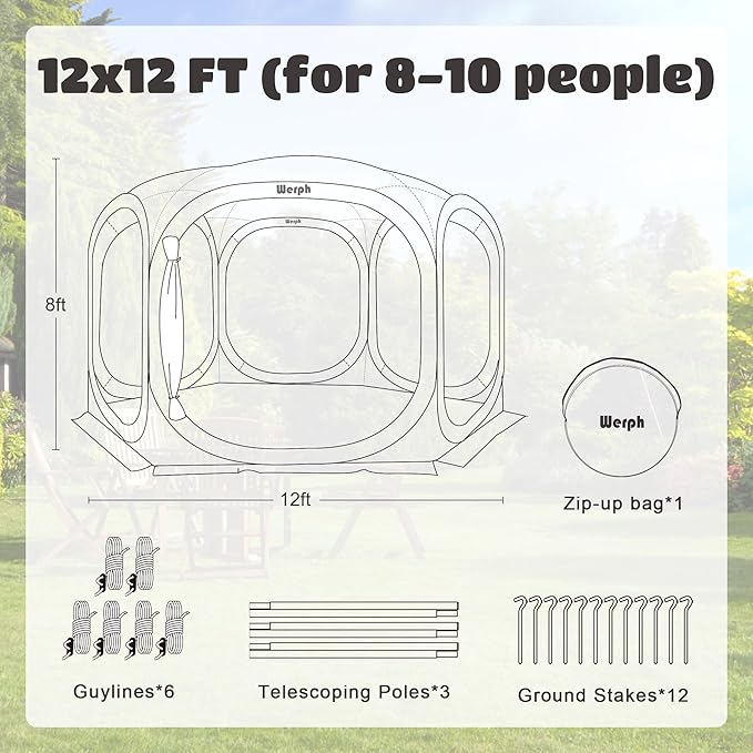 Pop Up Screen Tent Canopy, Portable Screen Canopy with Mosquito Net, Outdoor Screen Room Tent 12 x12 FT with Carry Bag for Lawn & Garden, Parties，Beige