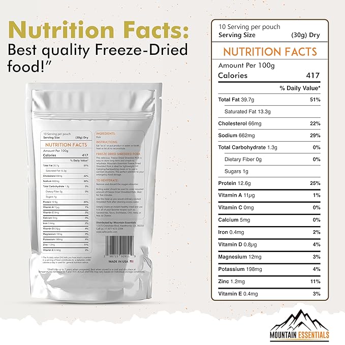MOUNTAIN ESSENTIALS Freeze-Dried Shredded Pork – Fully Cooked, Ready-to-Eat Meat | 10 Servings per Pouch | 7-Year Shelf Life | Ideal for Daily Meals, Camping, Emergency Preparedness & Survival | Made in USA | Pack of 1