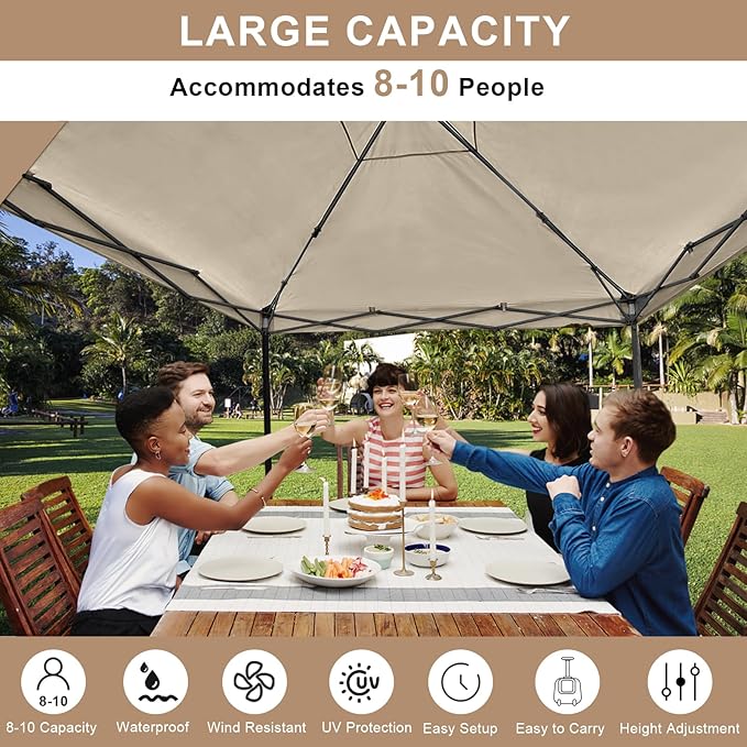 KAMPKEEPER 10x10 Pop Up Canopy Tent with Sidewall - Easy Setup Sun Shelter, Outdoor Shade with Vented Roof for Backyard | UV & Rain Portable Instant Camping Beach Canopy Tents (Khaki)