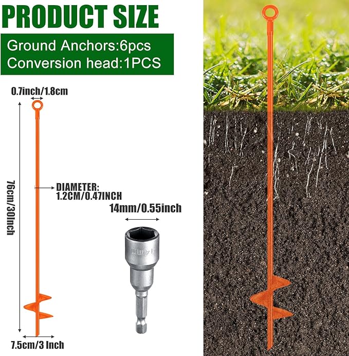 Lasnten 6 Pcs 30 Inch Heavy Duty Ground Anchor Spiral Blade Earth Anchor Kit Metal Anchor Hook Beach Sand Stakes Camping for Securing Animals, Shelters, Tents, Canopies (Orange)