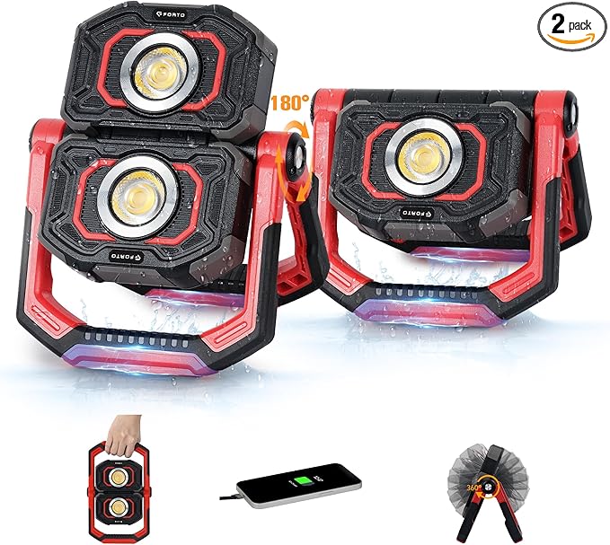 FORTO Rechargeable Magnetic Work Light 2 Pack – Dual Beam & 360° Rotating with Dual Stands, Oil-Resistant & Hands-Free Lighting for Garage, Workshop, Car Repair & Emergencies (Red)