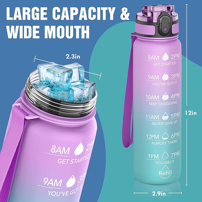 OLDLEY Water Bottle, 32oz Motivational Sports Water Bottle with Time Marker - Times to Drink - Tritan, BPA Free, Wide Mouth Leakproof, Confectionery (1 Bottle)