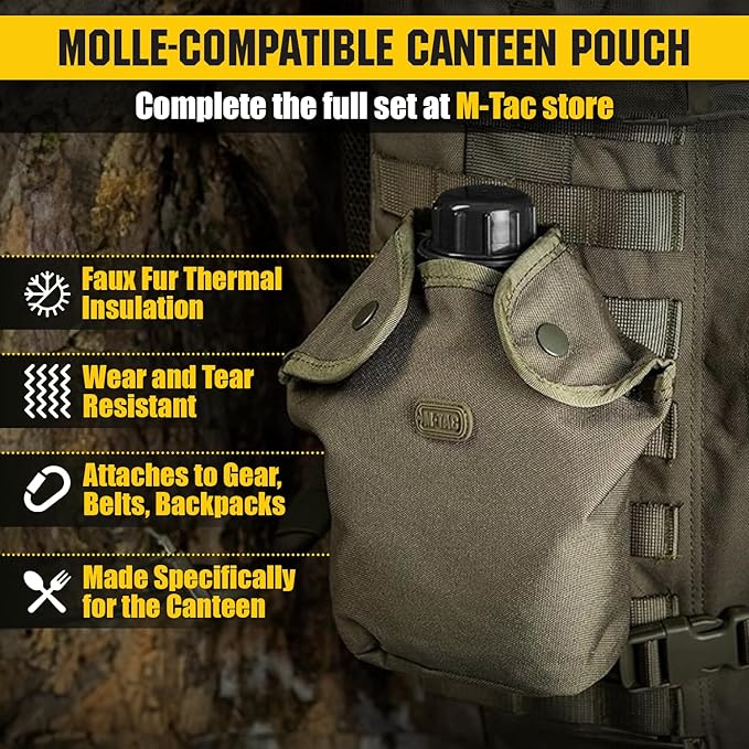 M-Tac Canteen Water Bottle - 1 Quart Water Canteen (34 Oz/1L) - Tactical Water Bottle for Military Hiking Camping Survival (Black)