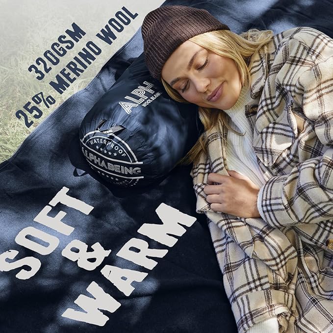 AlphaBeing Waterproof Outdoor Blanket with Merino Wool, Extra Thick Warm, Windproof, Packable Stadium Blankets for Cold Weather, Camping Gift, Pet, Car, Picnic, Concerts, 79" x 59", Navy