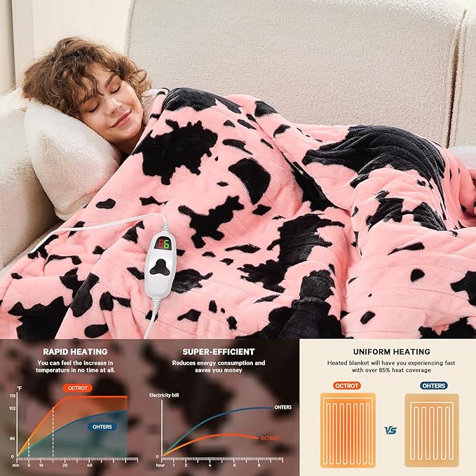 Cow Print Heated Electric Blanket Throw,50X60 Light Pink Heating Blanket with 10 Heats Levels & 8 Hours Auto Off,Highland Cow Stuff Fleece Sherpa Blankets Warmer Gifts for Women Adults Washable,ETL