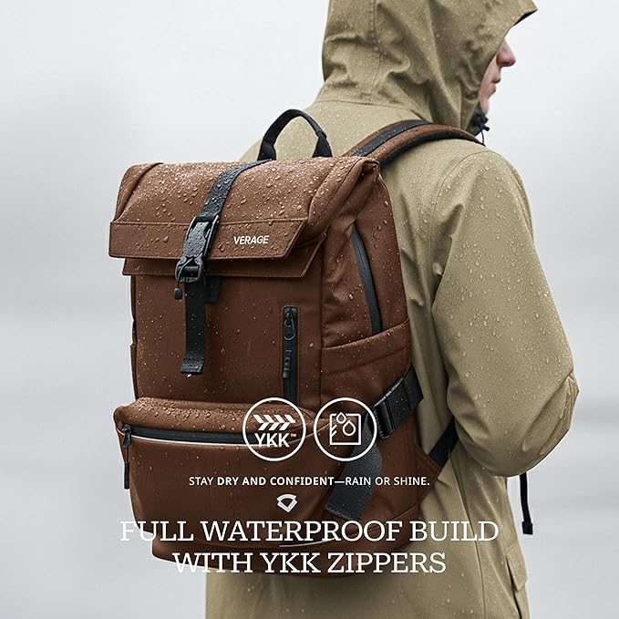 Verage Pulse 2-in-1 Roll Top Laptop Backpack 16″ with Detachable Everyday Sling Bag, Personal Item Size, Expandable Water-Resistant Travel Backpack for Airplane, Work & Daily Commute – Brown