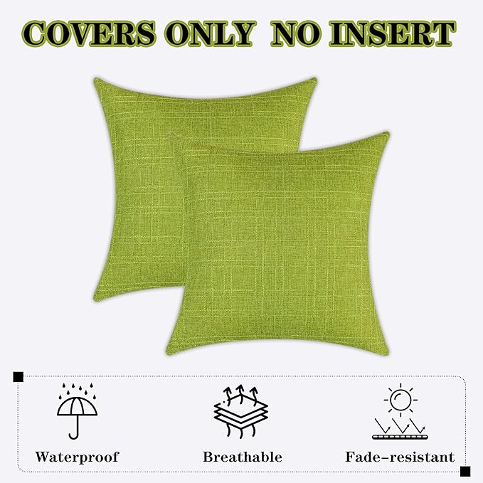 Kevin Textile Pack of 2 Decorative Outdoor Waterproof Pillow Covers Spring Garden Cushion Sham Throw Pillowcase Shell for Patio Tent Couch 20x20 Inch Green