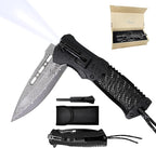 XIPHIAS EDC Tactical Damascus Folding Pocket Knife - 6-in-1 Survival Multitool with LED Light, Magnesium Fire Starter, Whistle, Paracord & Pocket Clip - (Black) - XK039DA-Black