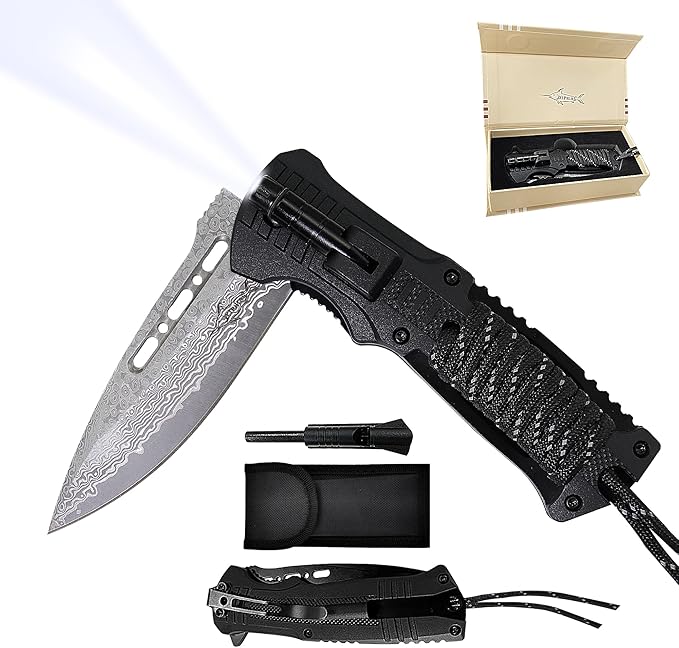 XIPHIAS EDC Tactical Damascus Folding Pocket Knife - 6-in-1 Survival Multitool with LED Light, Magnesium Fire Starter, Whistle, Paracord & Pocket Clip - (Black) - XK039DA-Black
