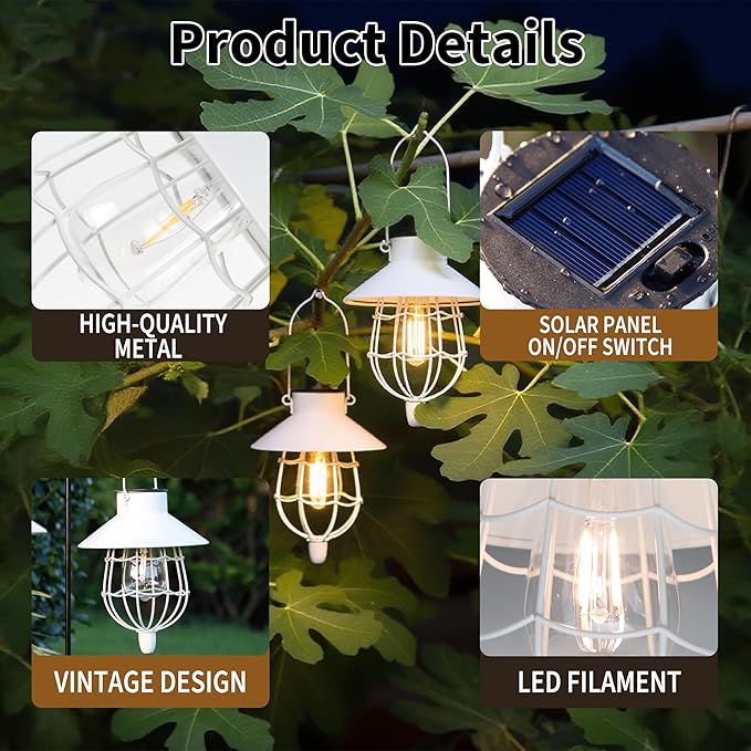 YAKii 2 Pack Solar Lantern Hanging Waterproof Outdoor Metal Solar Lamp with Warm White Light Decorate for Yard Garden Pathway Patio Porch Decor (White)