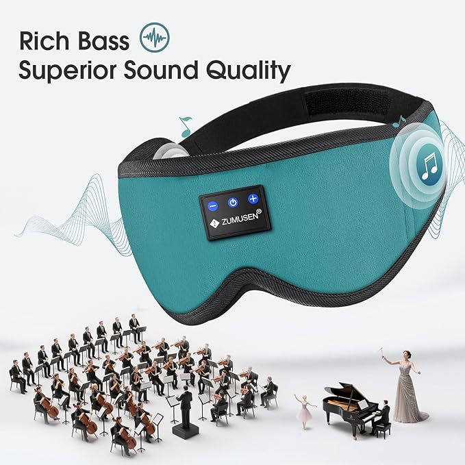ZUMUSEN Bluetooth Sleep Headphones, 3D Wireless Music Eye Mask with Ultra-Thin Stereo Speakers, Adjustable Sleep Mask for Side Sleepers, Perfect for Travel, Meditation, Relaxation