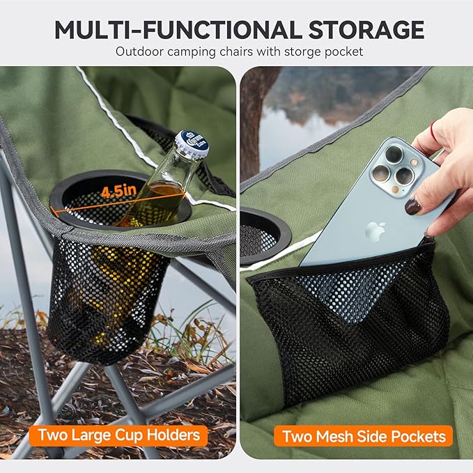Oversized Camping Chair, Portable Folding Padded Camping Chairs with Cup Holder and Carry Bag, Heavy Duty Outdoor Camping Chairs for Adults, Up to 400Lb, for Fishing Sports (Green-2 Pack)