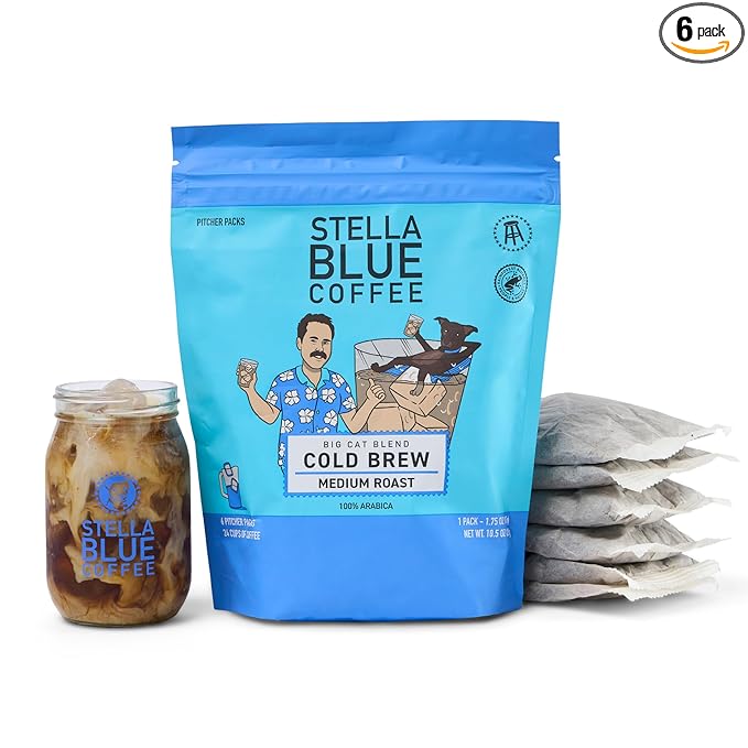 Stella Blue Cold Brew Coffee Packets, Big Cat Blend, Medium Roast Ground Coffee, Caramel, Hazelnut, and Sweet Fruity Finish, 100% Arabica, 6 Brew Packets, Makes 24 Bold Cups