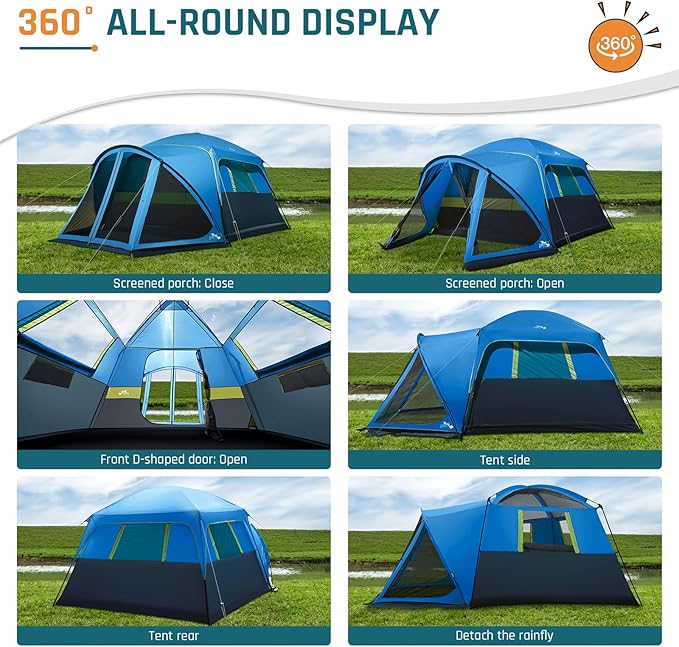 Tents for Camping 6/8/10 Person Camping Tent with Screen Porch, Weatherproof Large Cabin Tent with Rainfly and Carry Bag, Family Tent for Outdoor Camping and Backyard