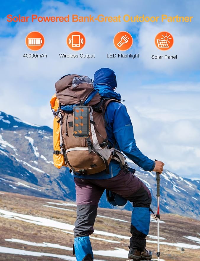 Solar Charger Power Bank, 40000mAh Wireless Portable Charger QC3.0 PD 20W Fast Charging with USB-C in/Output, External Battery Pack with Dual Flashlights Hiking Camping Essential