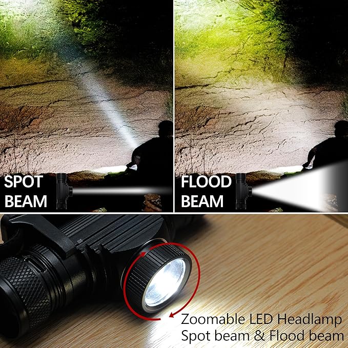 Headlamp Rechargeable, 1200 Lumen Zoomable LED Head Lamp for Adults, IP66 Waterproof Rechargeable Headlight with 9 Modes, Super Bright Head Flashlight with 2600 mAh for Outdoor Camping Hiking Running