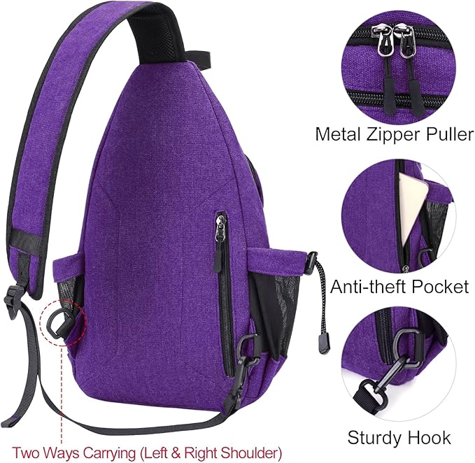 MOSISO Sling Backpack,Canvas Crossbody Hiking Daypack Bag with Anti-theft Pocket, Purple