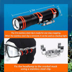 ARCHON D2A Small Diving Flashlight, Dive Headlamp Waterproof Flashlight Black Backup Light with Stainless Steel 316 Face Mask Clip for Underwater Lighting