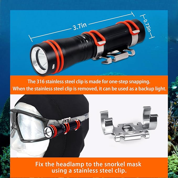 ARCHON D2A Small Diving Flashlight, Dive Headlamp Waterproof Flashlight Black Backup Light with Stainless Steel 316 Face Mask Clip for Underwater Lighting