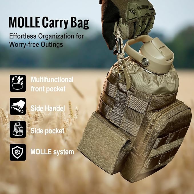 OneTigris Tactical Half Gallon Water Bottle with Straw - 64 oz Vacuum Insulated Stainless Steel Water Jug, Leakproof Sport Bottle with 3 BPA Free Lids, Paracord Handle & MOLLE Water Pouch for Outdoor