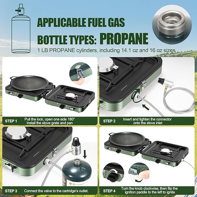 Portable Gas stove, 2 Burner Camping Stove with Griddle and Carrying Bag & Hose, 8600BTU Portable Gas Stove with Piezo Ignition & Adjustable Burners,for Camping Tailgating BBQ Essentials Gear