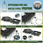 Portable Gas stove, 2 Burner Camping Stove with Griddle and Carrying Bag & Hose, 8600BTU Portable Gas Stove with Piezo Ignition & Adjustable Burners,for Camping Tailgating BBQ Essentials Gear