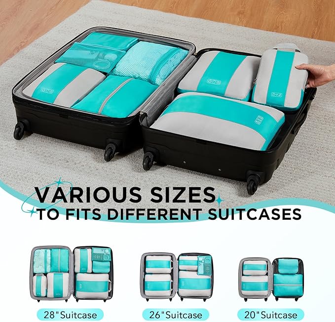 8 Set Compression Packing Cubes for Travel Essentials,Compressible Expandable Packing Cubes for Suitcase,OlarHike Luggage Organizer Bags for Travel,Handy Helper for Organizing Clothes(Blue Green)